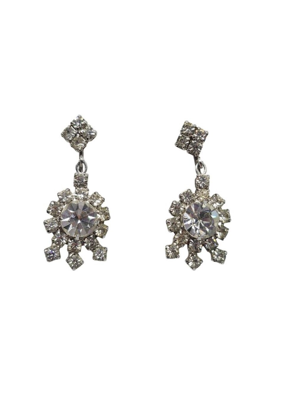 Vintage Rhinestone Snowflake Dangle Clip-On Earrings Silver-Tone Sparkly